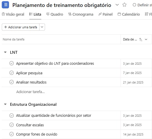 Cronograma de planejamento de treinamento